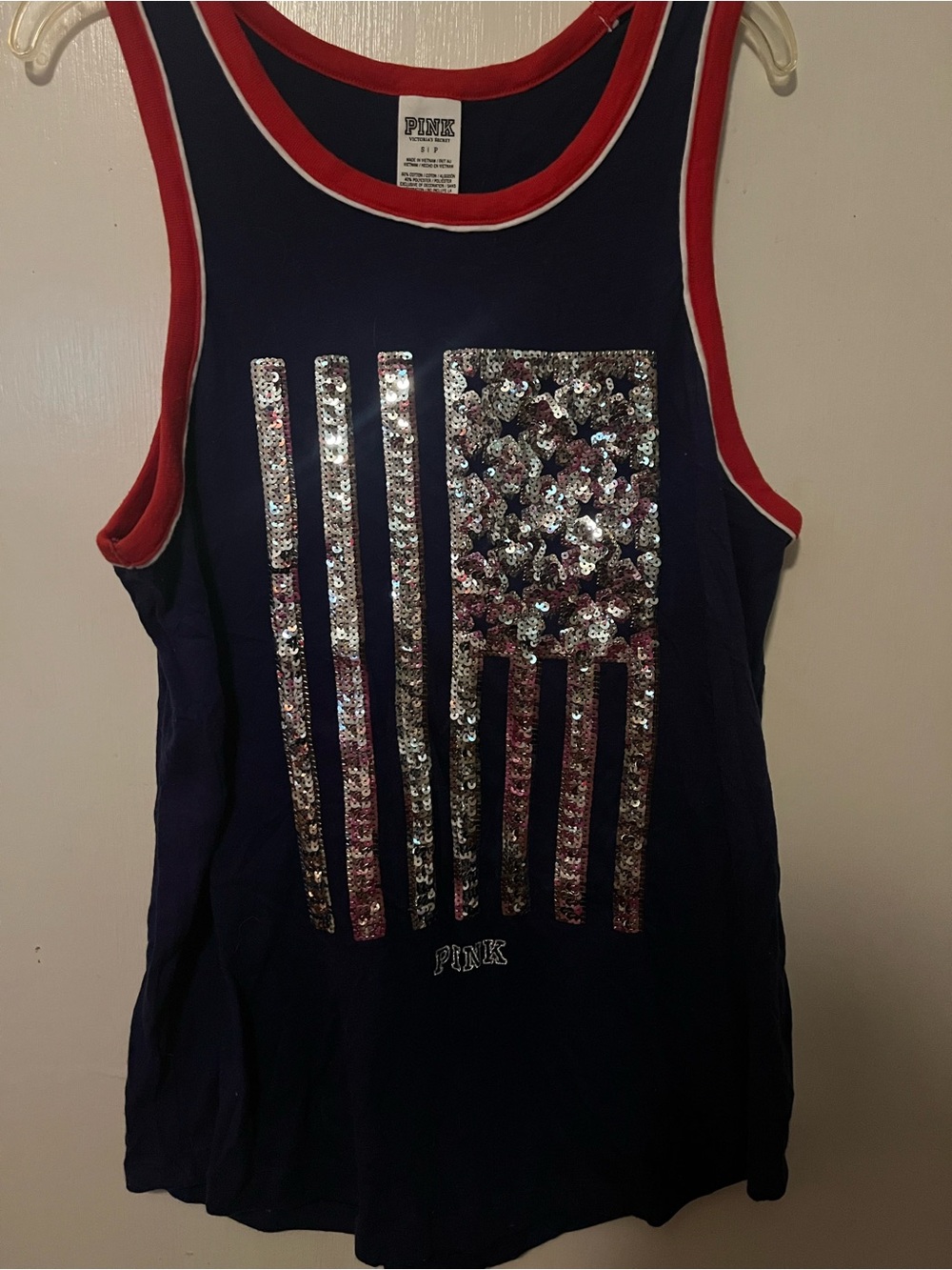 PINK Victoria's Secret Girls' Navy Sequin Flag Tank Top - Red Trim